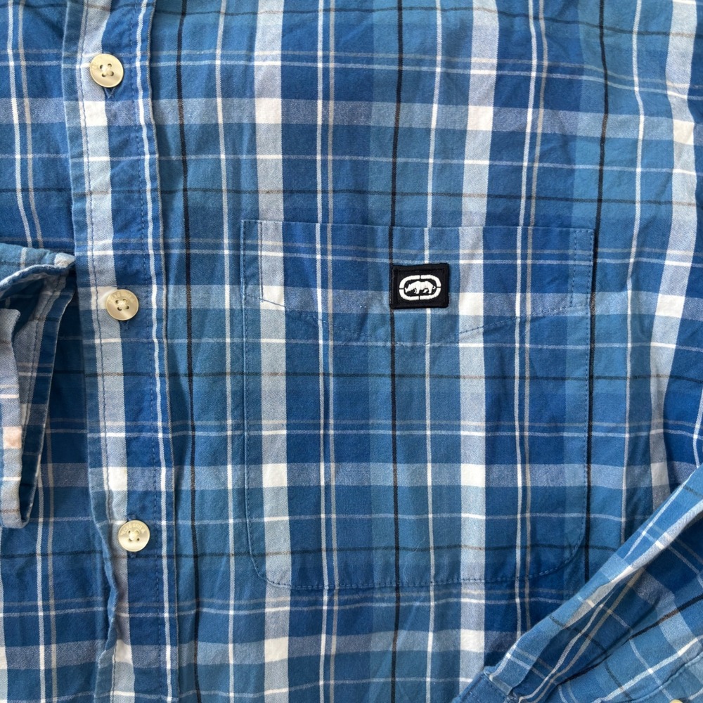 Ecko Unltd Mens Blue Plaid Long Sleeve Button Down Shirt Size Large Rhino Logo - Picture 4 of 9